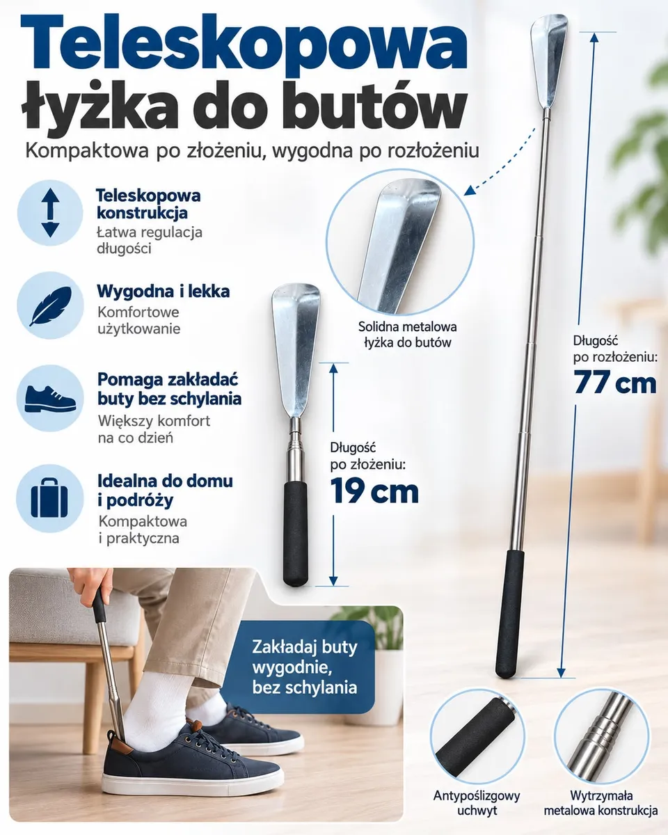 Teleskopowa metalowa łyżka do butów z czarnym antypoślizgowym uchwytem, rozłożona i złożona