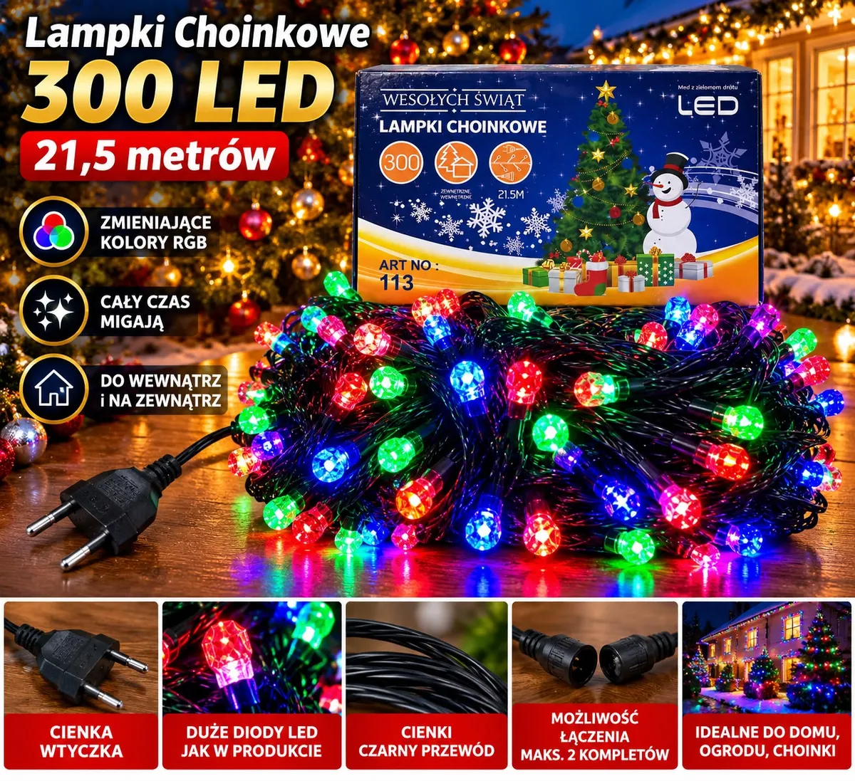 Lampki choinkowe 300 LED multikolor RGB 21,5 m z czarnym przewodem i cienką wtyczką na tle świątecznym