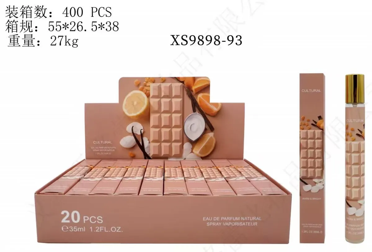 Perfumetki 35ml w beżowo-brzoskwiniowym opakowaniu z grafiką czekolady i owoców cytrusowych
