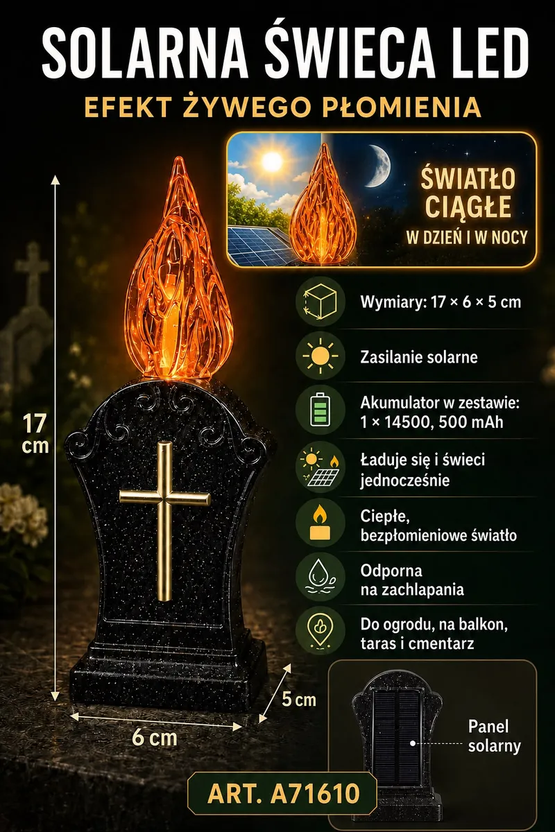 Czarna świeca nagrobna LED z efektem płomienia, złoty krzyż, panel solarny, wymiary 17x6x5 cm