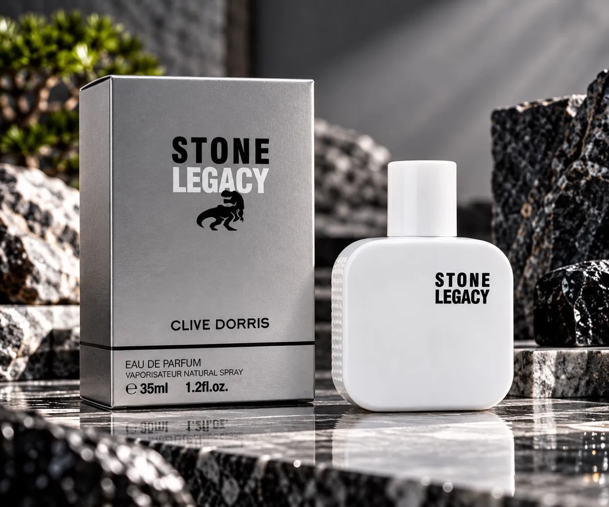 Biały matowy flakon perfum Stone Legacy 35ml obok srebrnoszarego pudełka z czarnym napisem