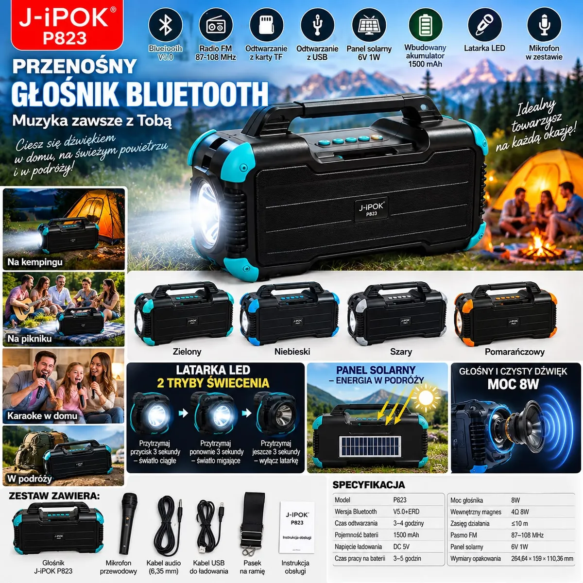Czarny głośnik Bluetooth J-iPOK P823 z turkusowymi narożnikami, latarką LED i panelem solarnym