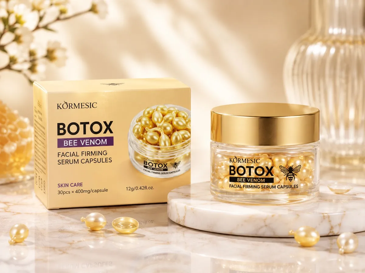 Złote kapsułki serum do twarzy KÖRMESIC BOTOX Bee Venom w przezroczystym słoiku i kremowo-żółtym pudełku