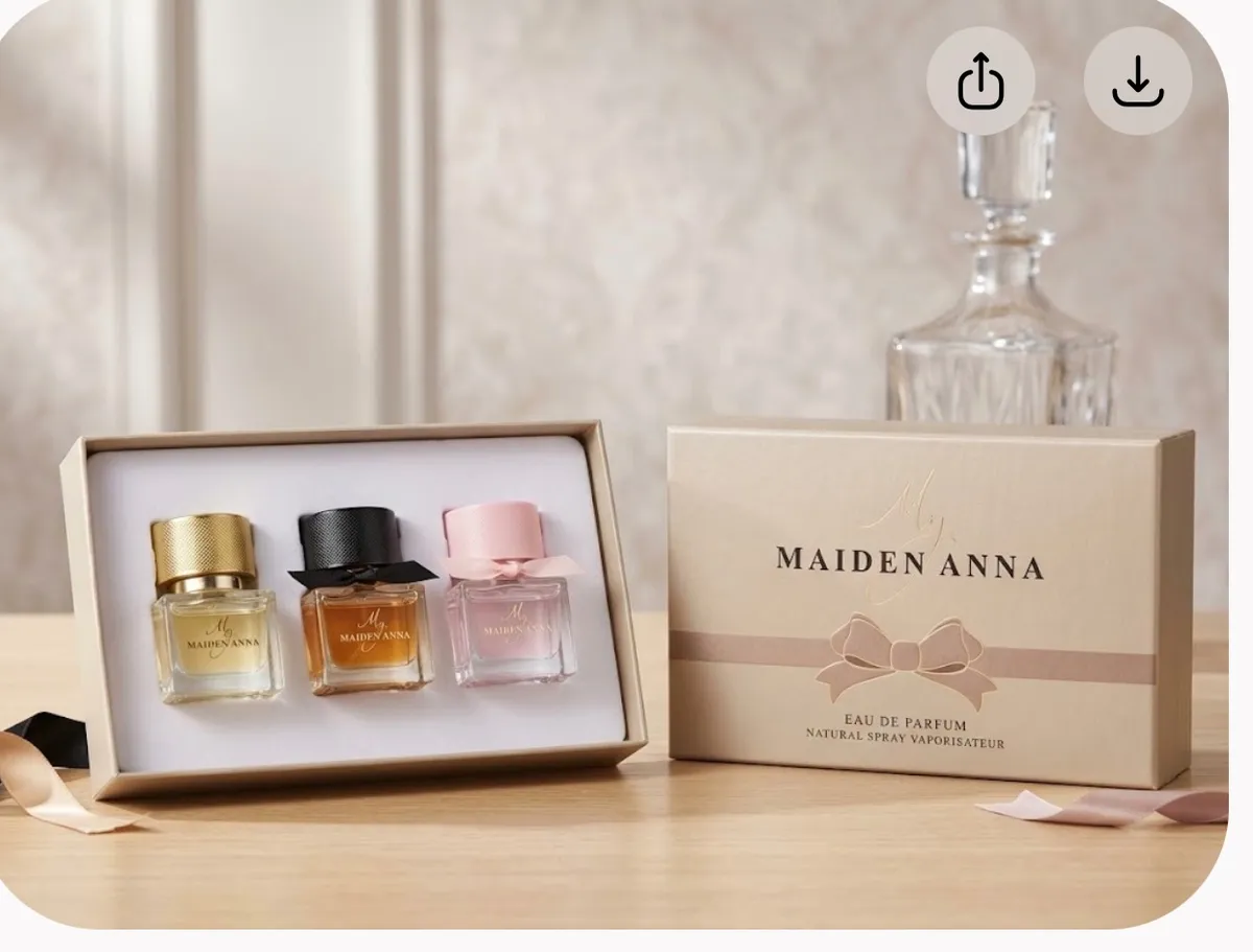 Zestaw trzech perfum Maiden Anna 3 x 30 ml w kremowym pudełku z kokardą na drewnianym stole