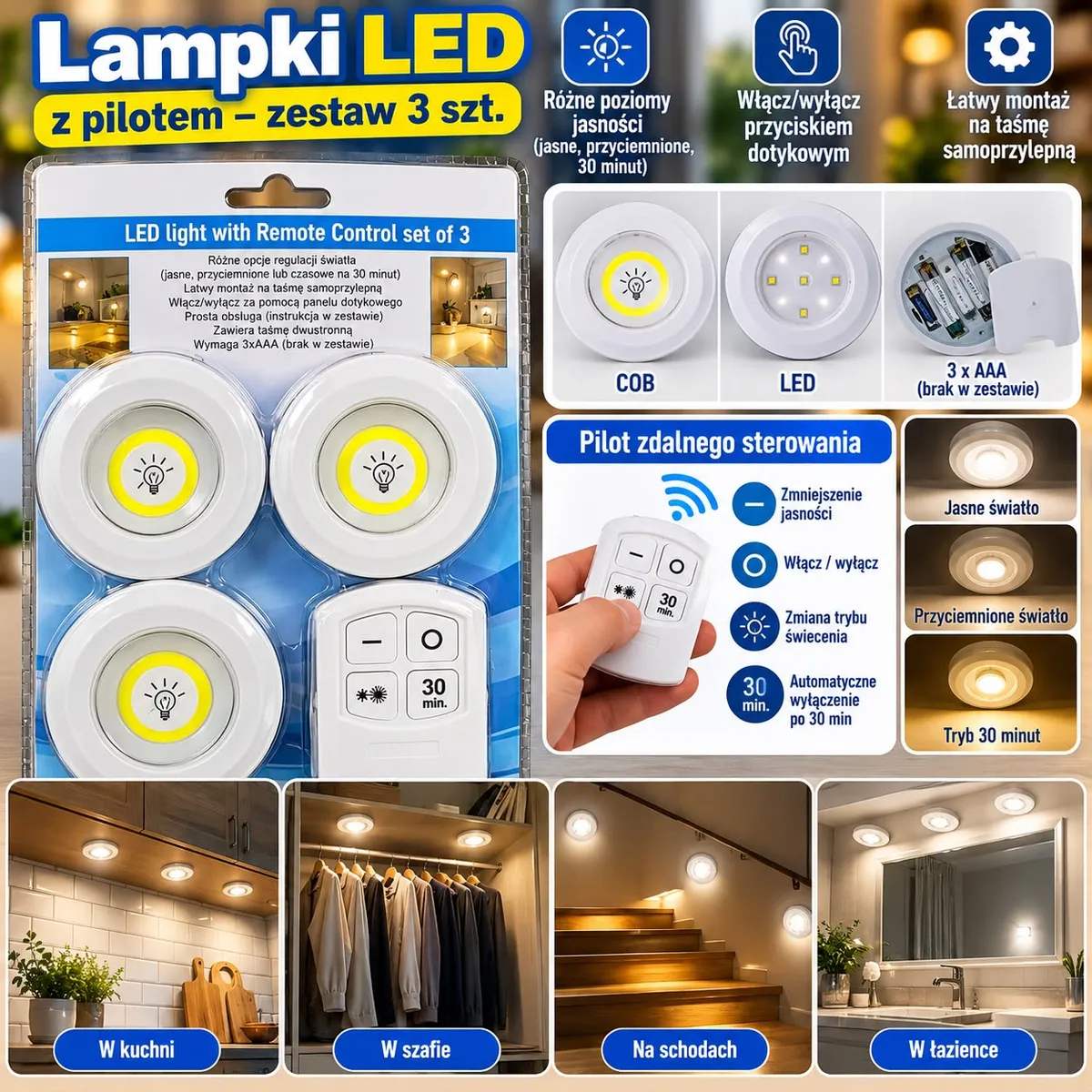 Zestaw 3 białych lampek LED COB z pilotem i taśmą samoprzylepną w opakowaniu blister