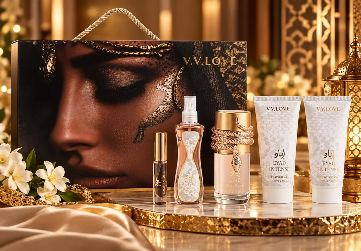 Zestaw kosmetyków V.V.LOVE Eyad Intense z mini perfumami, żelem pod prysznic i balsamem w złoto-różowym opakowaniu prezentowy