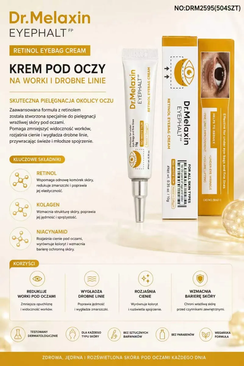Krem pod oczy Dr.Melaxin w białej tubce 10g z opakowaniem i opisem składników oraz korzyści