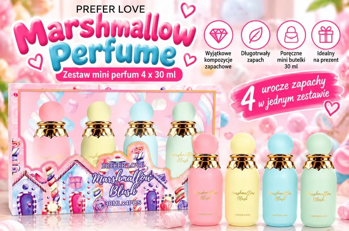 Zestaw 4 mini perfum Marshmallow Blush w pastelowych butelkach różowa, żółta, błękitna, miętowa