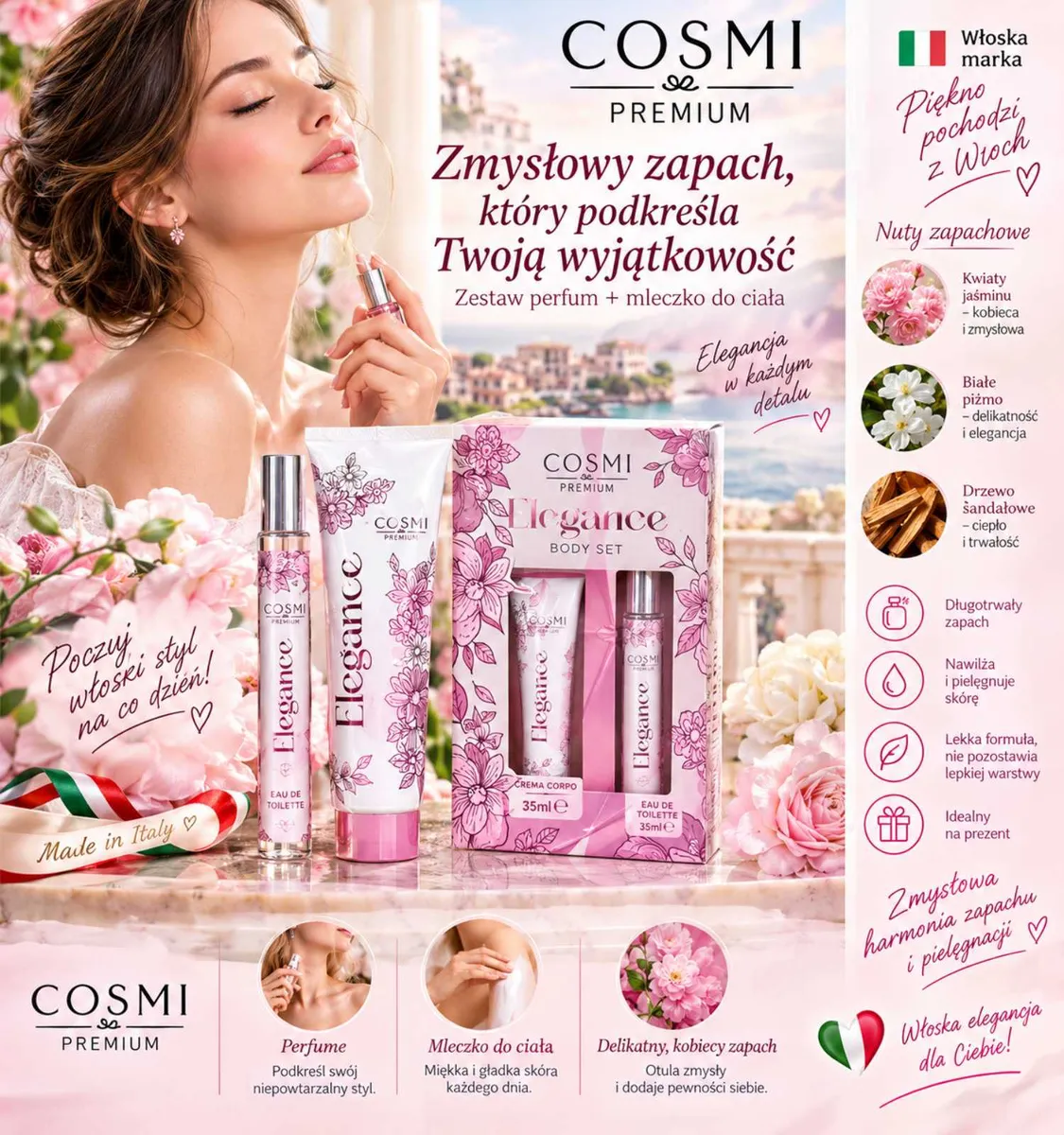 Zestaw Cosmi Premium Elegance perfum i mleczka do ciała w różowym opakowaniu z kwiatowym wzorem