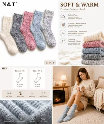 Zestaw miękkich skarpet damskich Soft & Warm w pastelowych kolorach, opakowanie i modelka w skarpetach