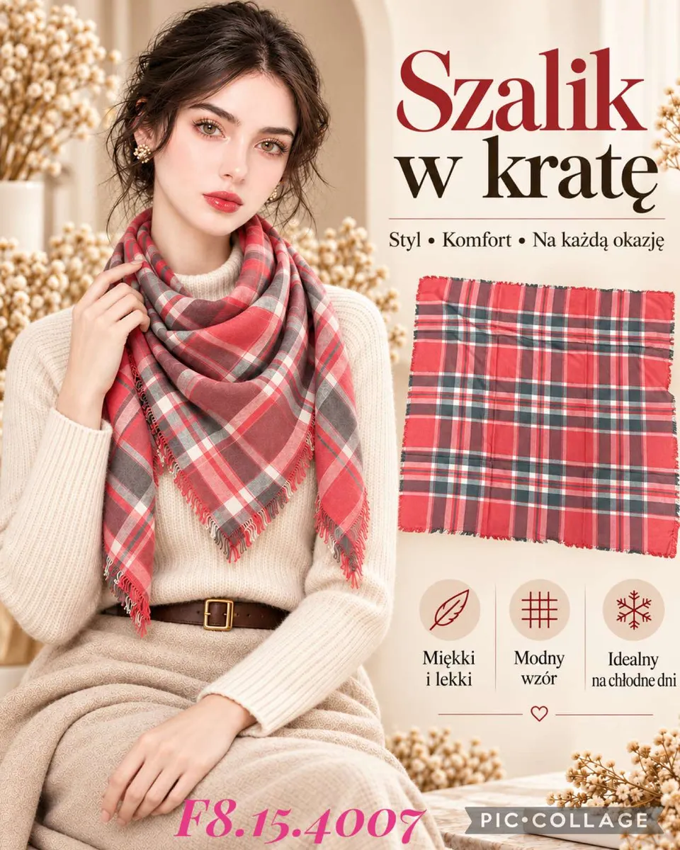 Czerwono-szary szalik w kratę z frędzlami na brzegach, prezentowany na modelce