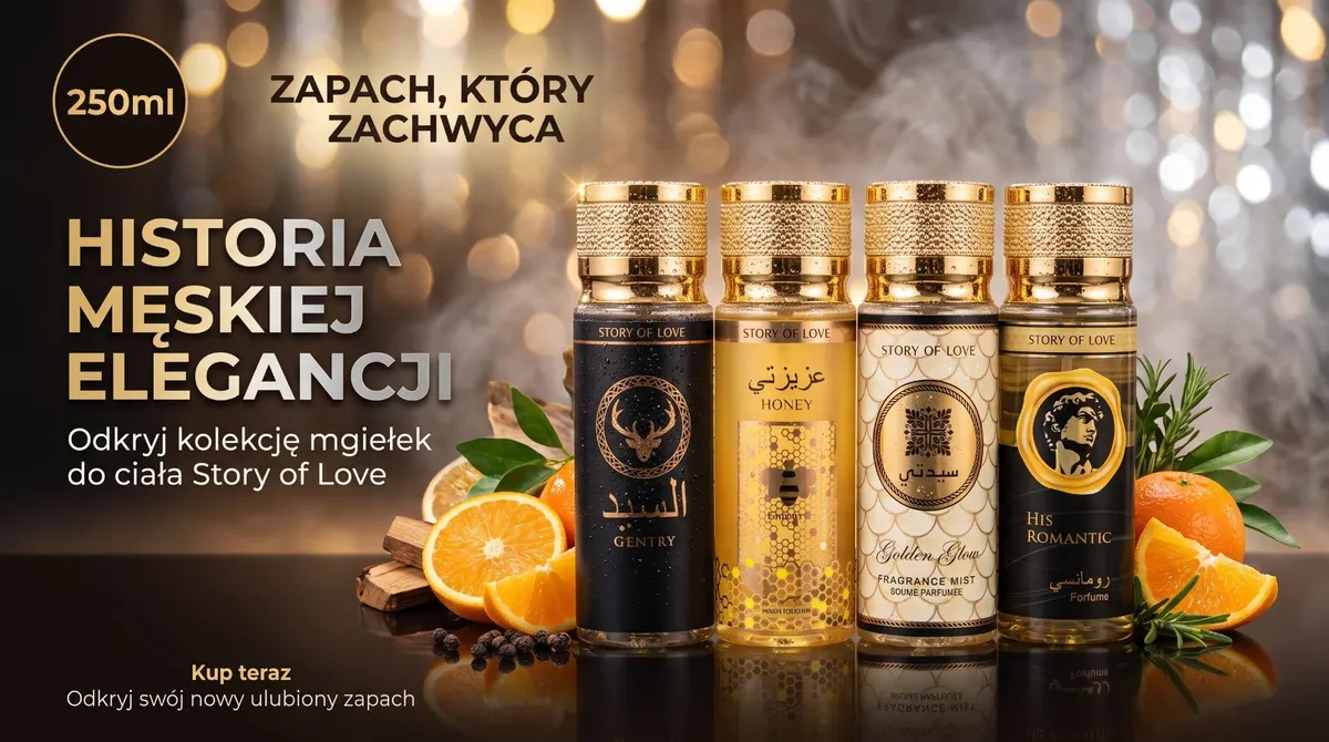 cztery butelki mgiełki do ciała 250 ml w kolorach czarnym, złotym i kremowym z owocami i przyprawami