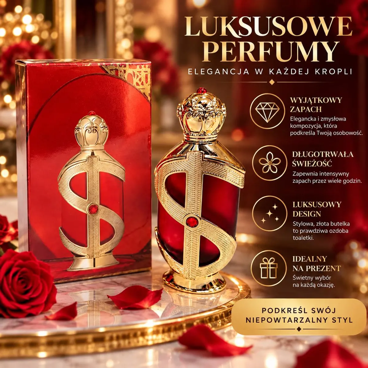 Złota butelka arabskich perfum 100ml z czerwonymi akcentami i czerwone opakowanie