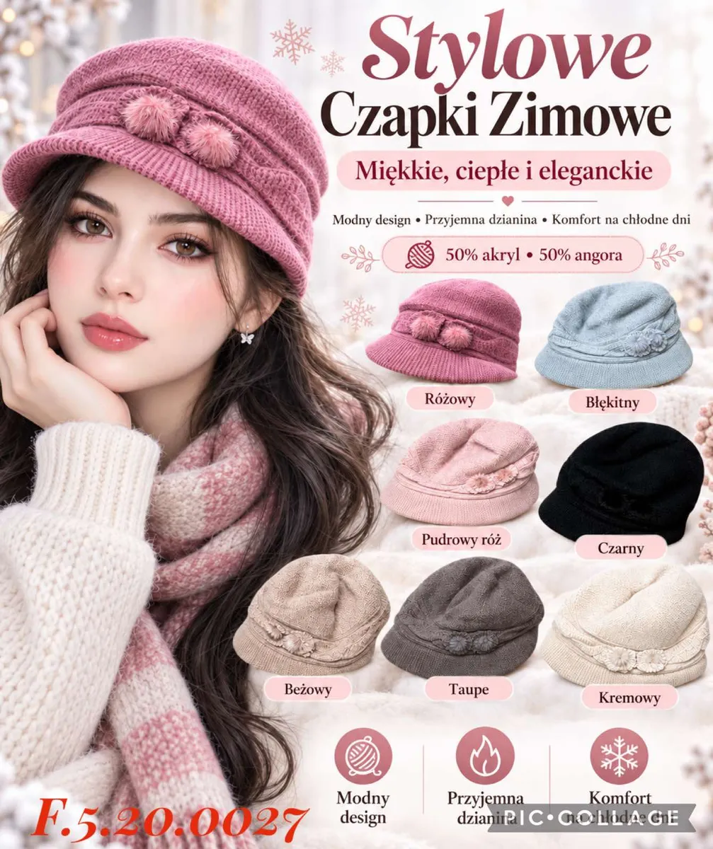 Damska czapka zimowa z pomponami w siedmiu kolorach: różowy, błękitny, pudrowy róż, czarny, beżowy, taupe, kremowy