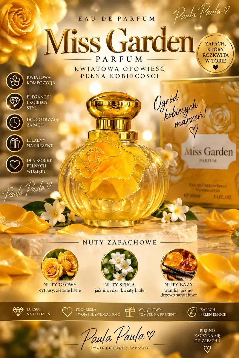 Złoty flakon perfumu Miss Garden z dekoracją żółtego kwiatu i opakowanie w tle