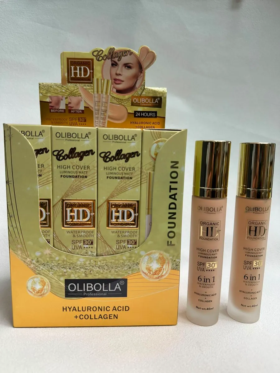 Złote opakowanie podkładu OLIBOLLA HD Collagen 40 ml z pompką i zestaw 12 sztuk w kartonie