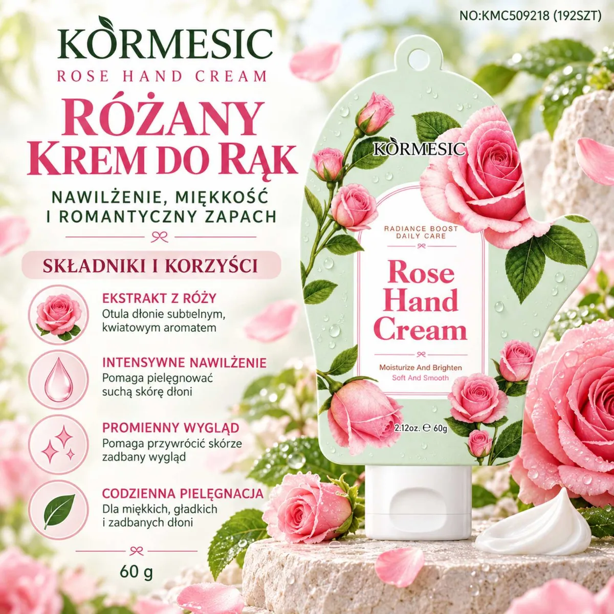 Różany krem do rąk Kormesic 60 g w tubce z motywem róż i zielonych liści
