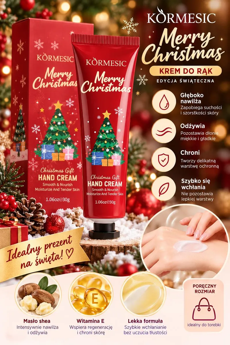 Czerwony krem do rąk KORMESIC Merry Christmas 30 g z motywem choinki i prezentów na tle świątecznym