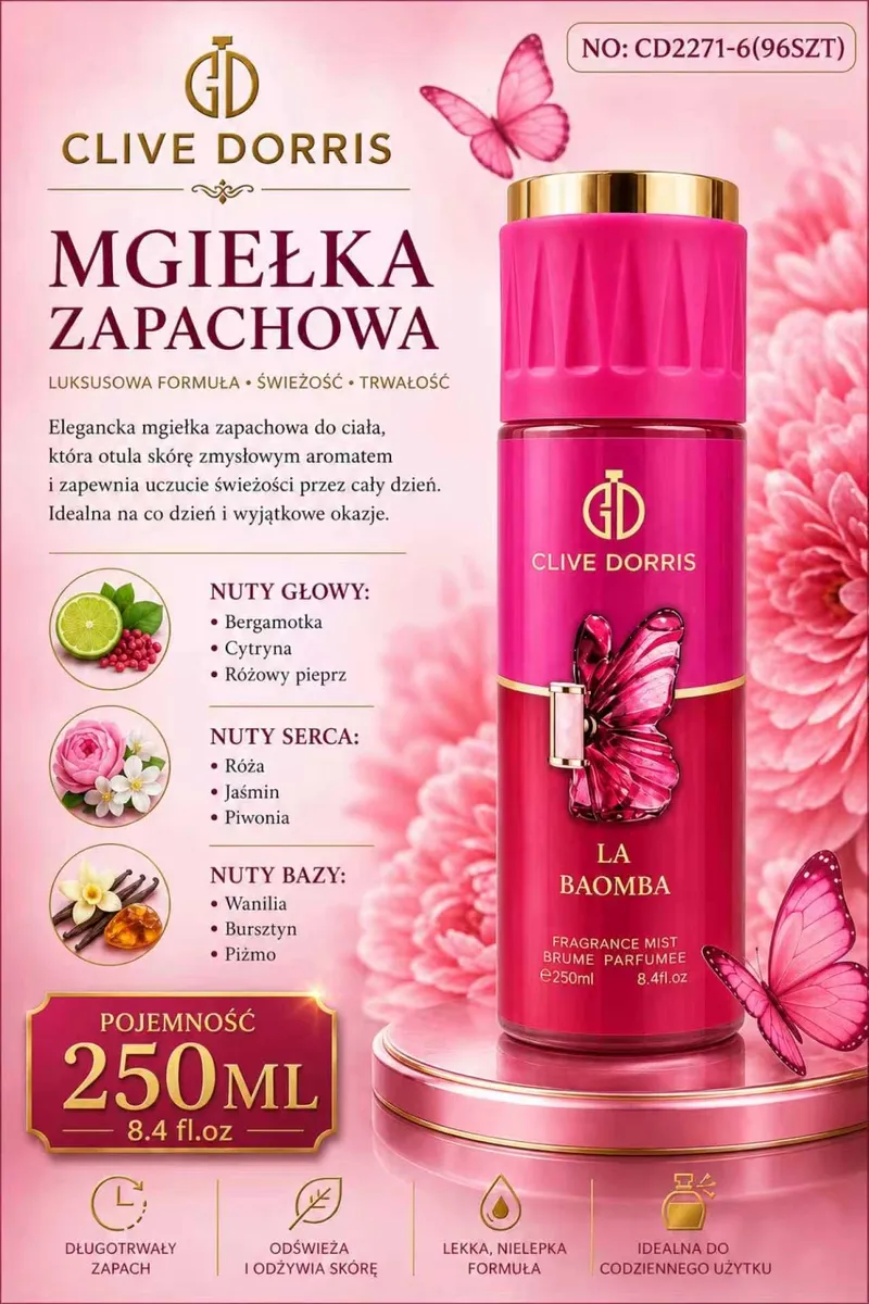 Różowa mgiełka zapachowa Clive Dorris La Baomba 250ml z motylem i złotym deklem na różowym tle