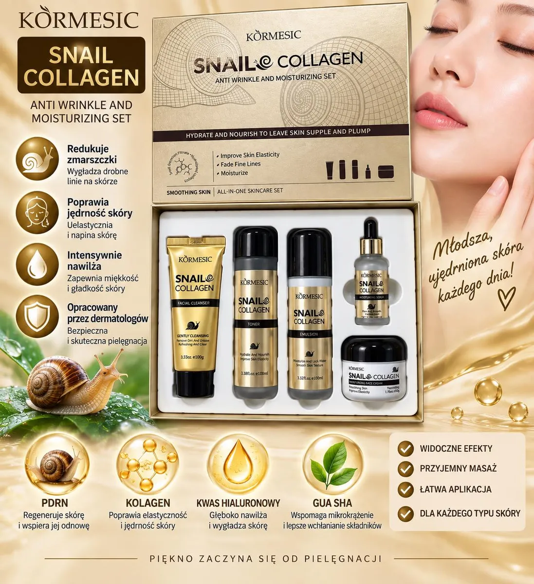 Zestaw kosmetyków Körmesic Snail Collagen w złotym opakowaniu z pianką, tonikiem, emulsją, serum i kremem