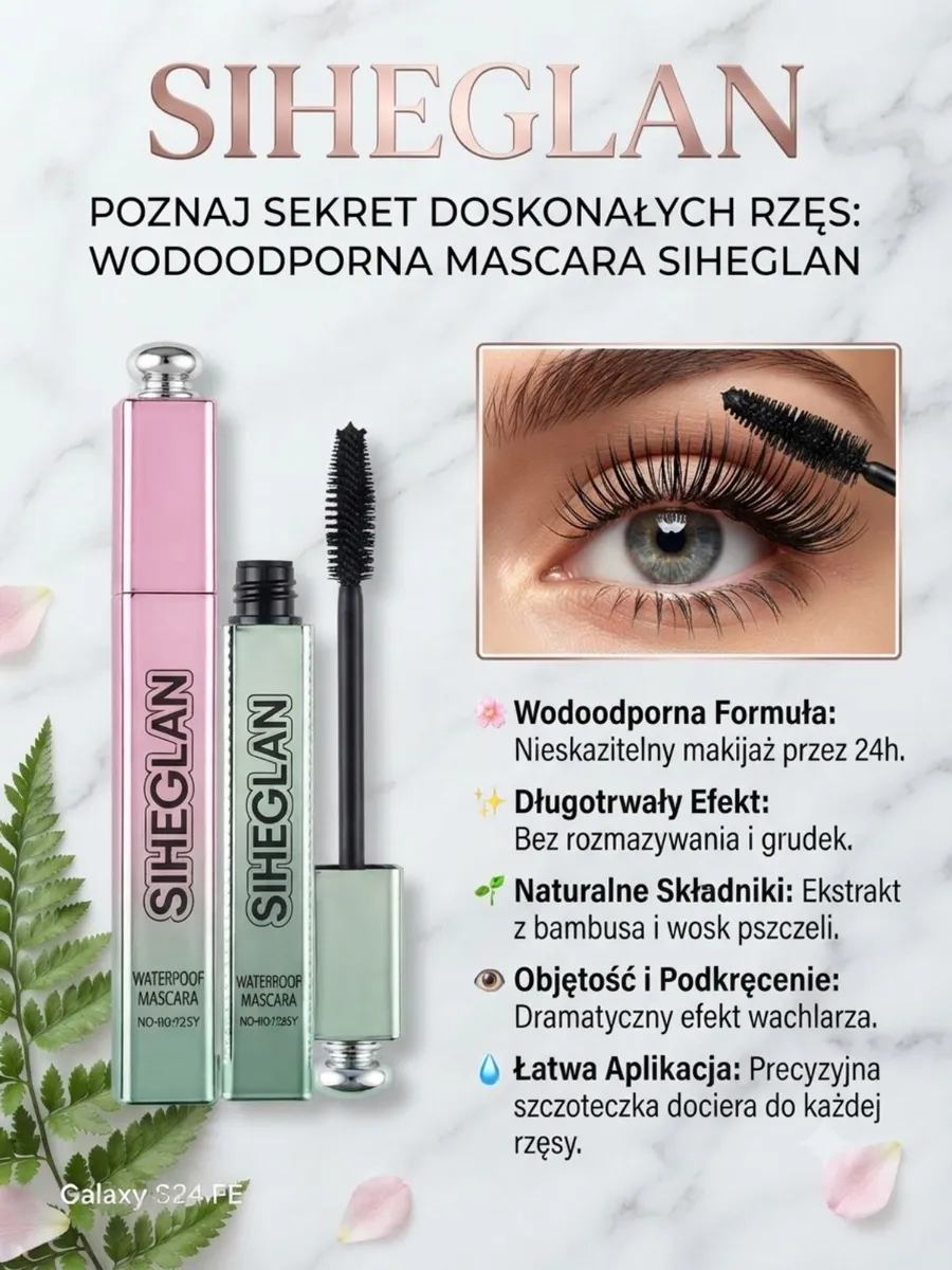 Dwukolorowa wodoodporna mascara Siheglan w różowo-zielonym opakowaniu z precyzyjną szczoteczką i zdjęciem oka z pomalowanymi