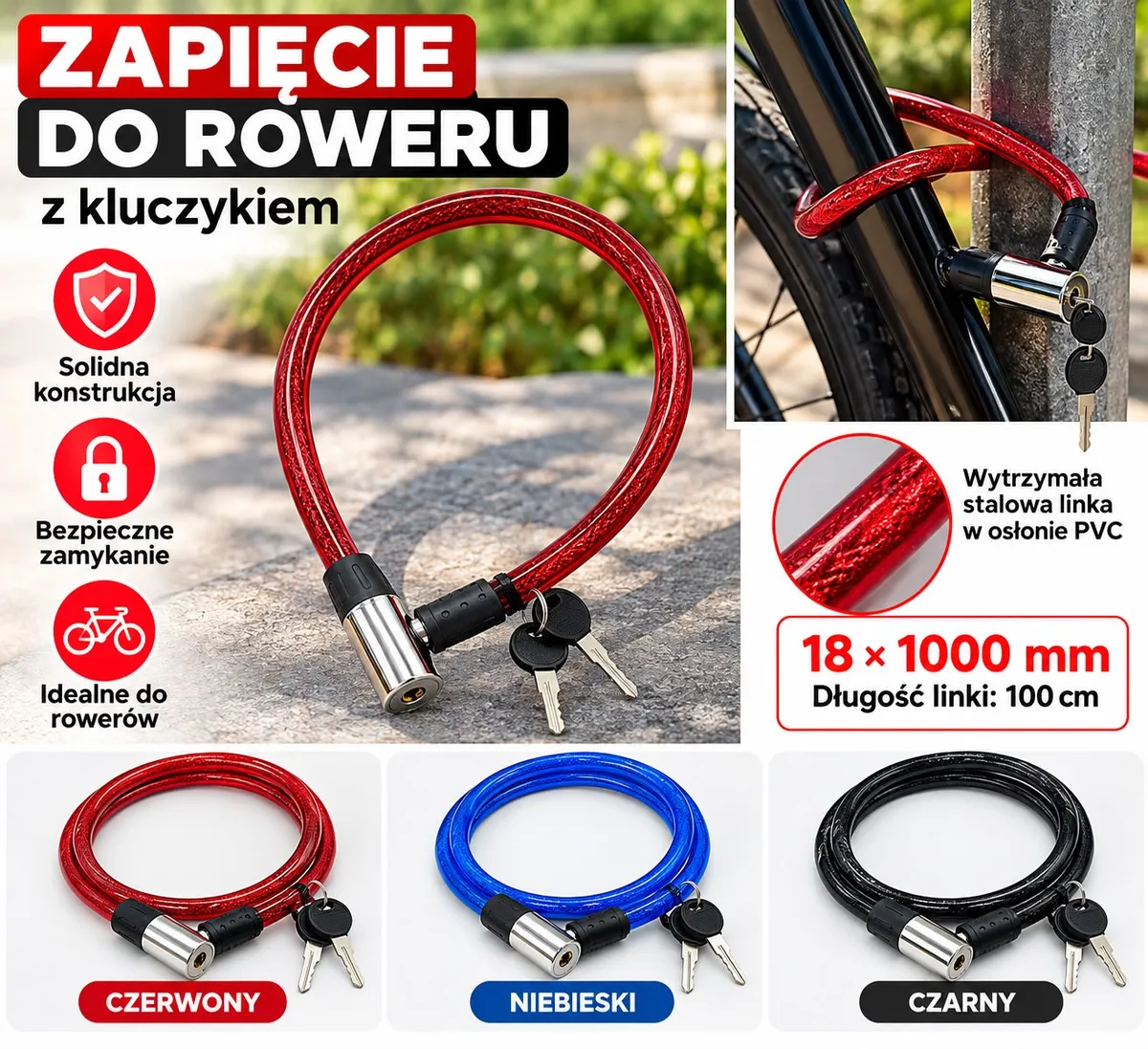 Zapięcie rowerowe z czerwonej stalowej linki z kluczykiem, trzy kolory: czerwony, niebieski, czarny