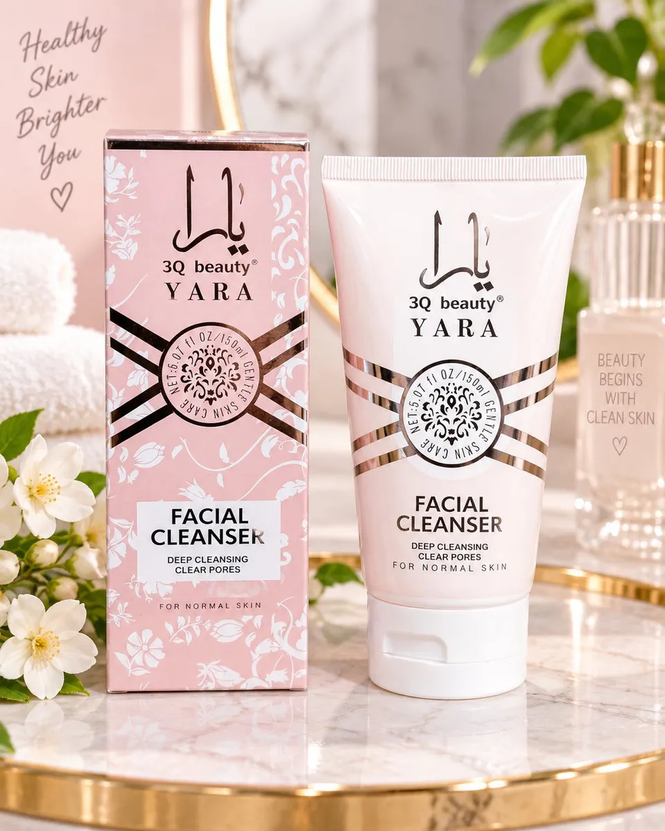 Różowo-białe opakowanie żelu do mycia twarzy 3Q Beauty YARA 150 ml z metalicznymi złotymi paskami