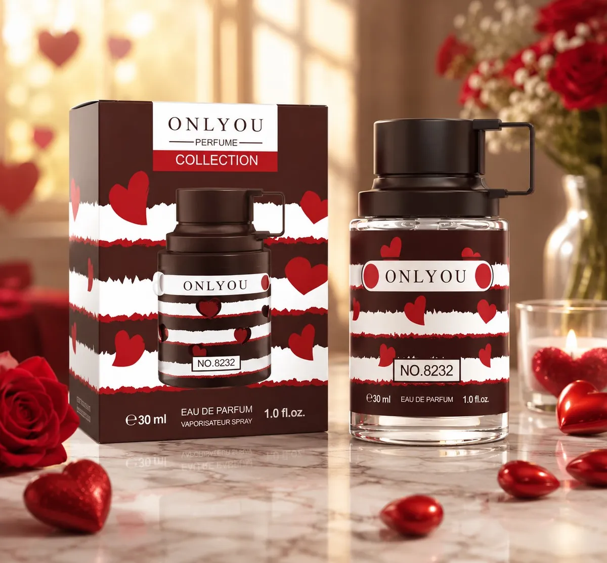 Butelka perfum Onlyou Collection 30ml z ciemnobrązową nakrętką i czerwonymi sercami na etykiecie oraz kartonowe opakowanie z