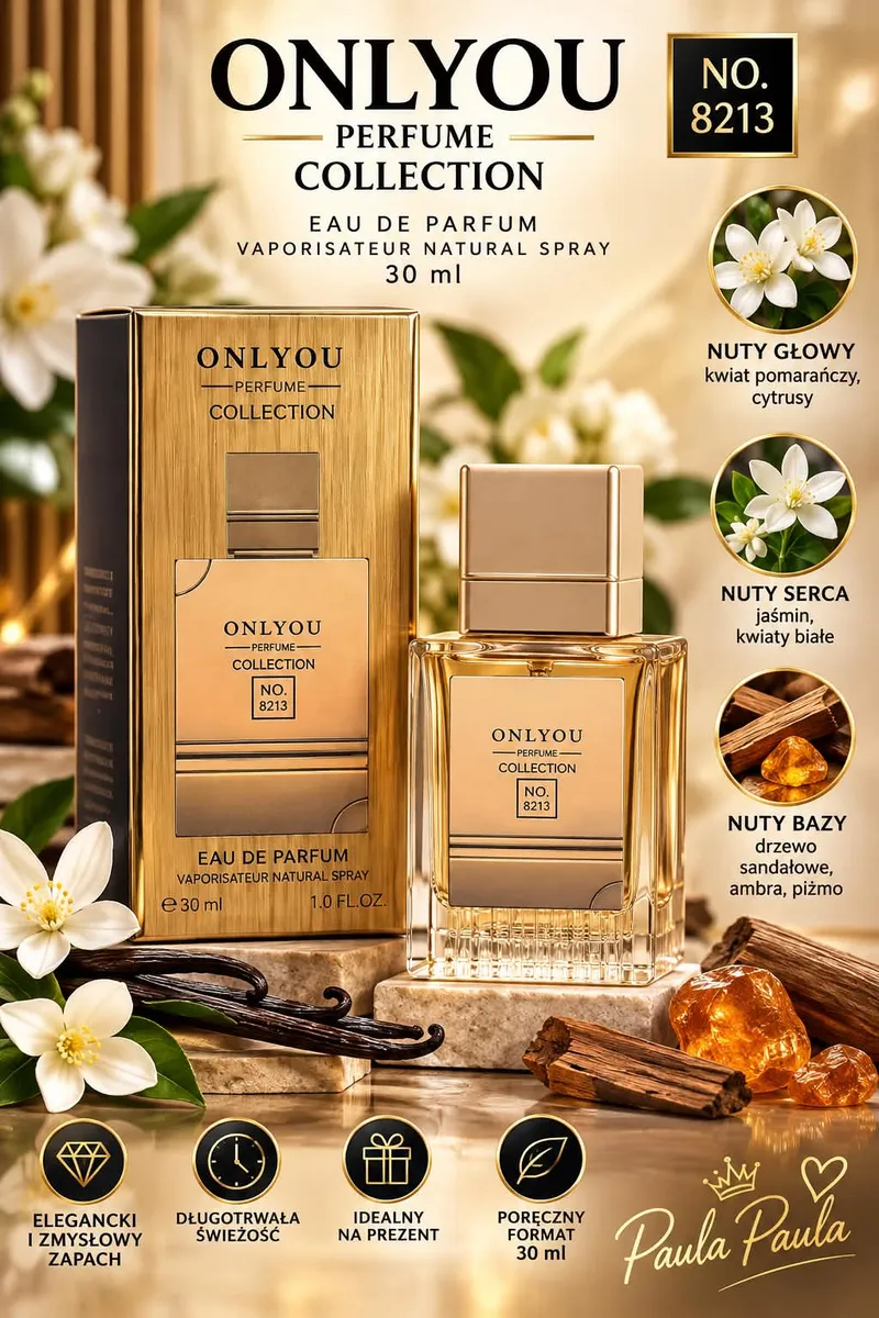 Perfumy Onlyou 30 ml w złotym flakonie z opakowaniem i opisem nut zapachowych