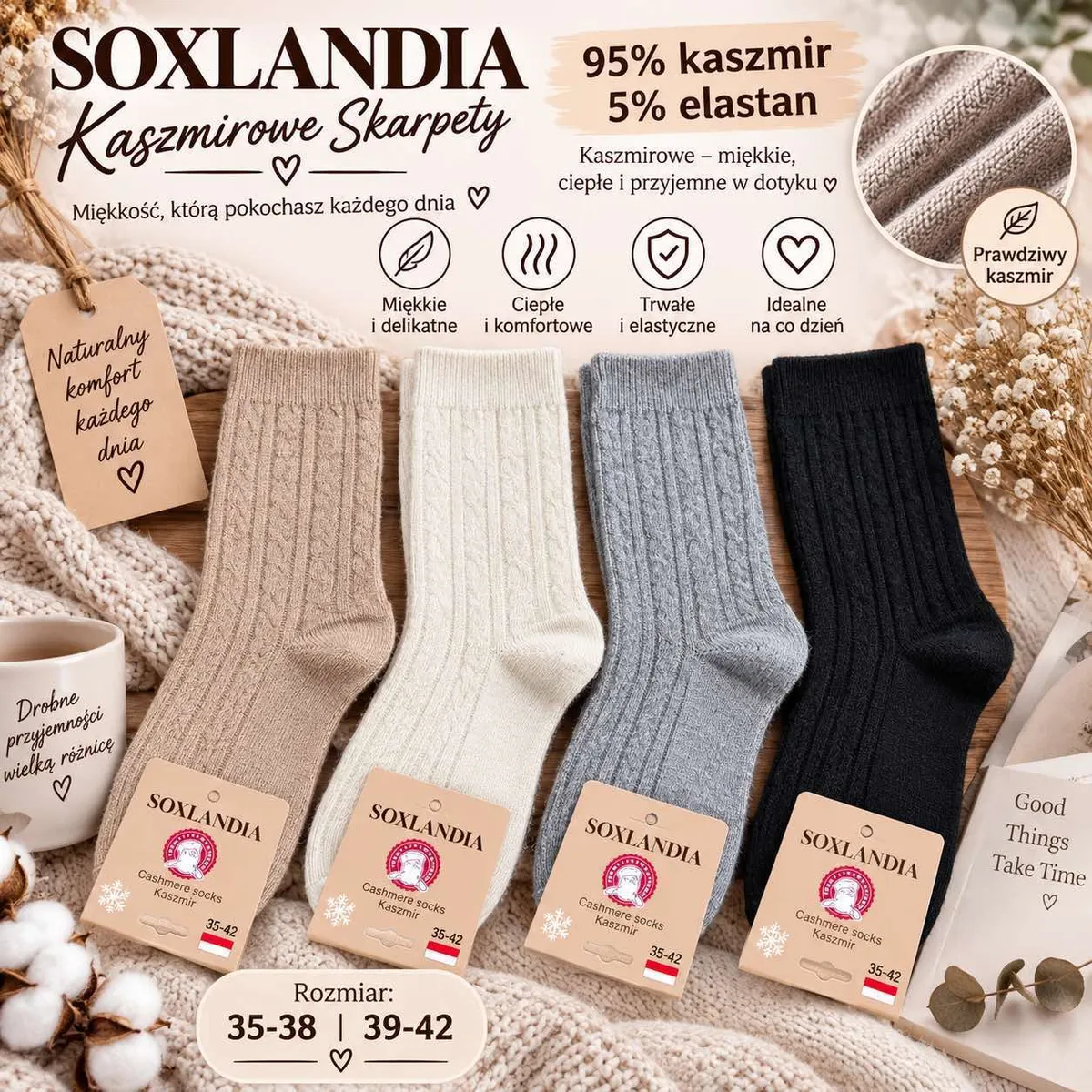 Cztery pary kaszmirowych skarpet Soxlandia w kolorach beżowym, kremowym, szarym i czarnym na tle naturalnych dekoracji