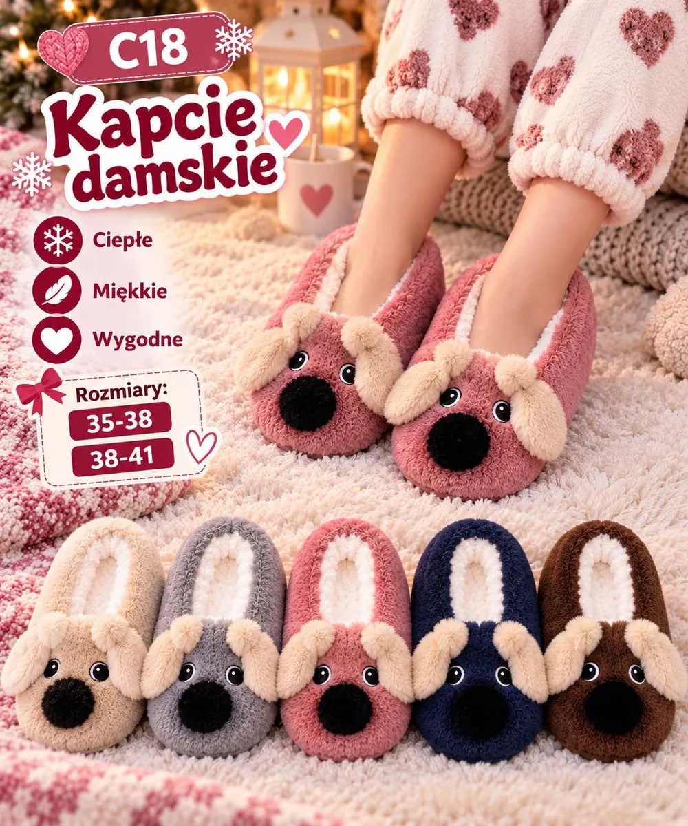 Kapcie damskie pluszowe w kształcie psa w kolorach różowym, beżowym, szarym, granatowym i brązowym