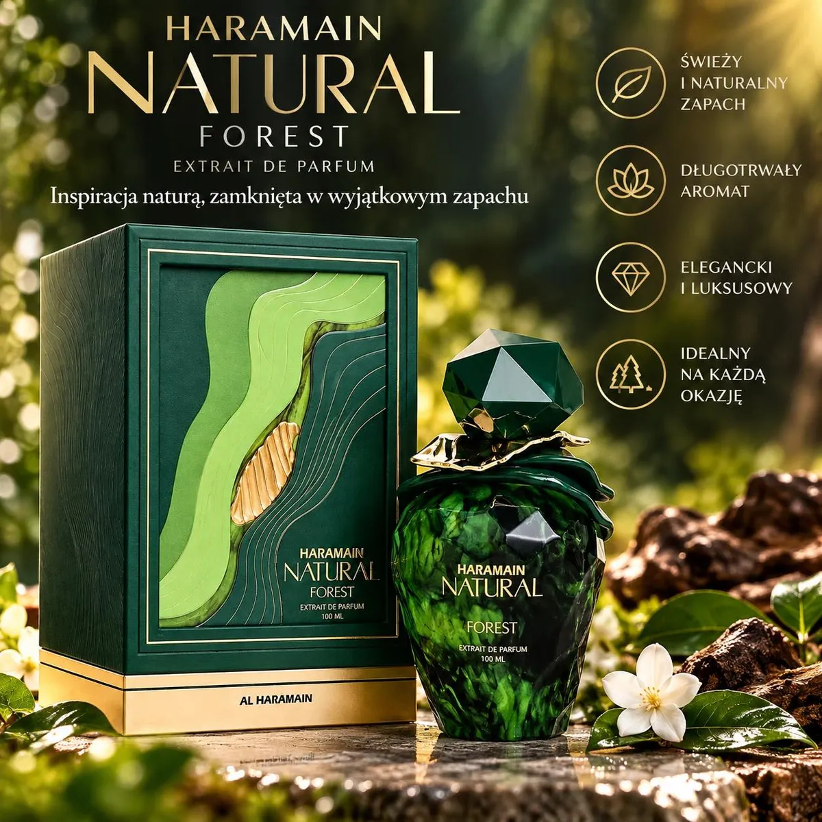 zielona butelka perfum Haramain Natural Forest 100 ml z marmurkowym wzorem i eleganckie opakowanie