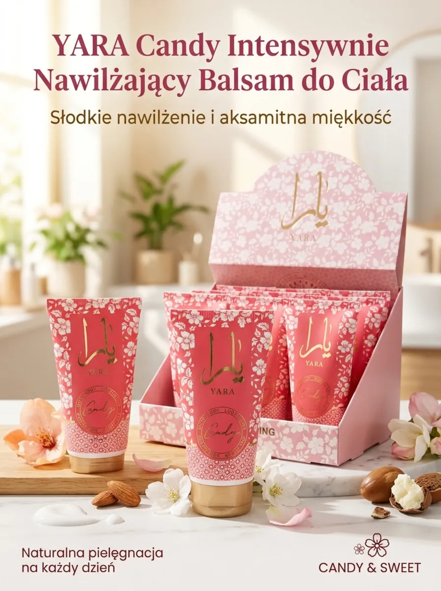 Różowy balsam do ciała YARA Candy 75ml z kwiatowym wzorem i złotymi napisami na tle ekspozytora