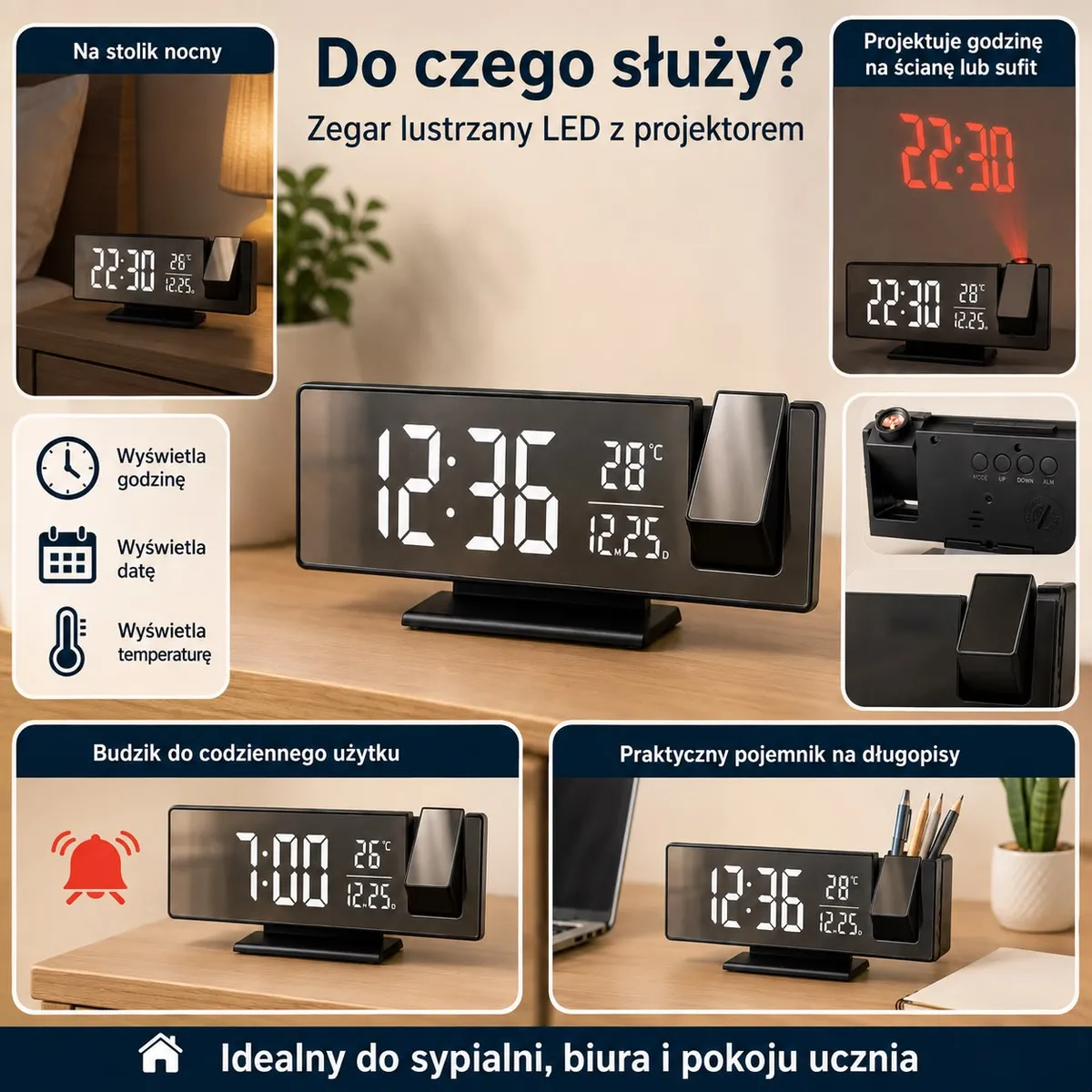 czarny zegar lustrzany LED z białym wyświetlaczem, projektor godziny, budzik i pojemnik na długopisy