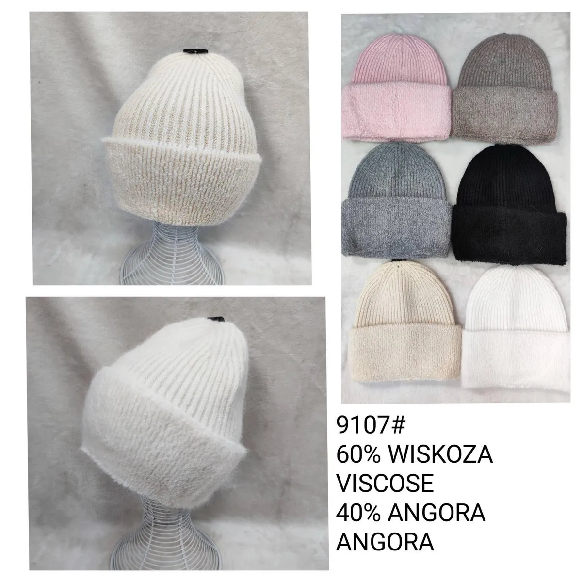 Zestaw sześciu czapek damskich w różnych kolorach z miękkiego materiału z wiskozy i angory