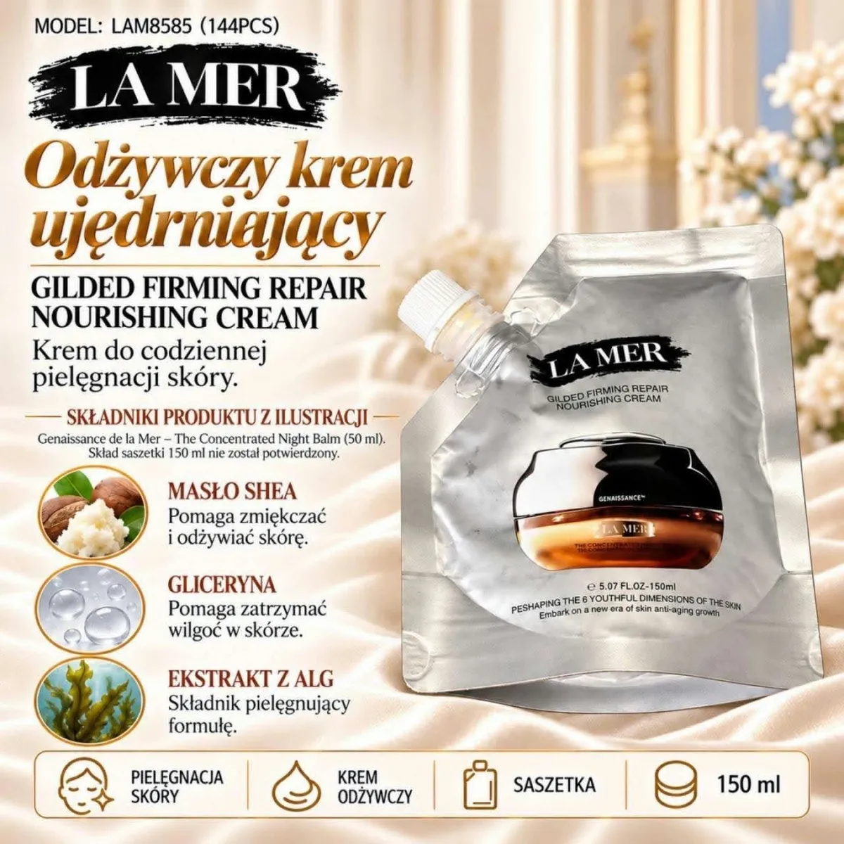 Srebrna saszetka kremu La Mer odżywczy ujędrniający 150 ml z białą zakrętką