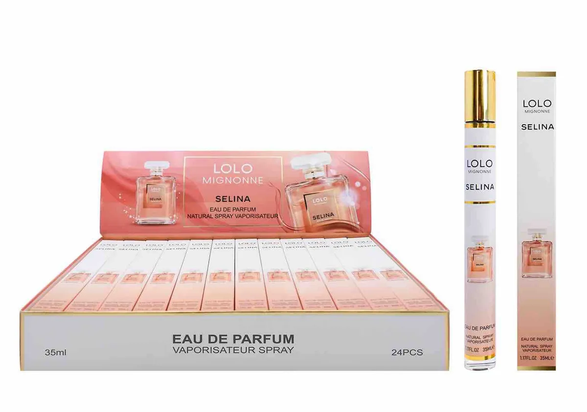 Perfumy LOLO Mignonne Selina 35ml w białym opakowaniu z różowym gradientem i złotymi detalami