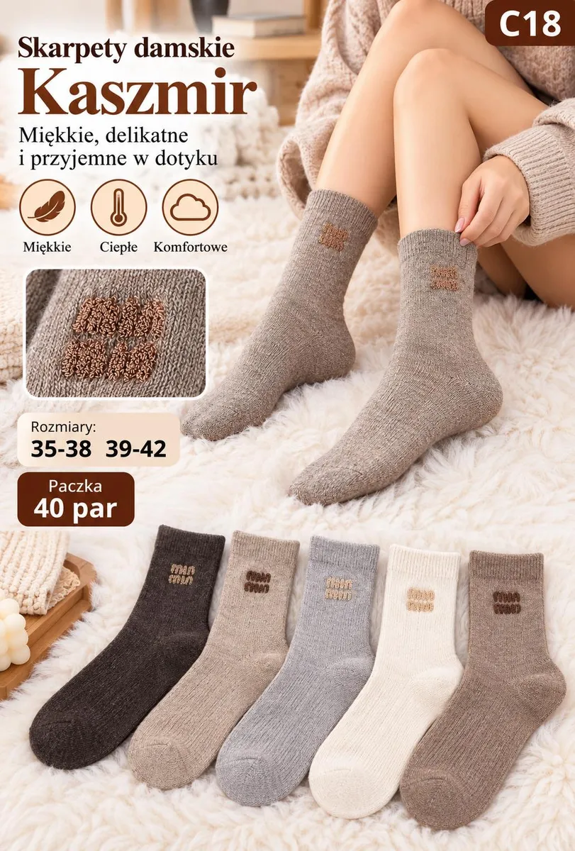 Damskie skarpety kaszmirowe w naturalnych kolorach na modelce i w zestawie 5 kolorów
