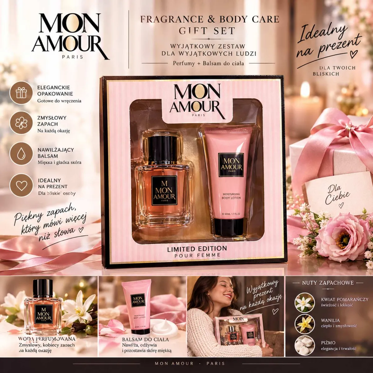Zestaw prezentowy Mon Amour z różowym balsamem i perfumami w eleganckim opakowaniu