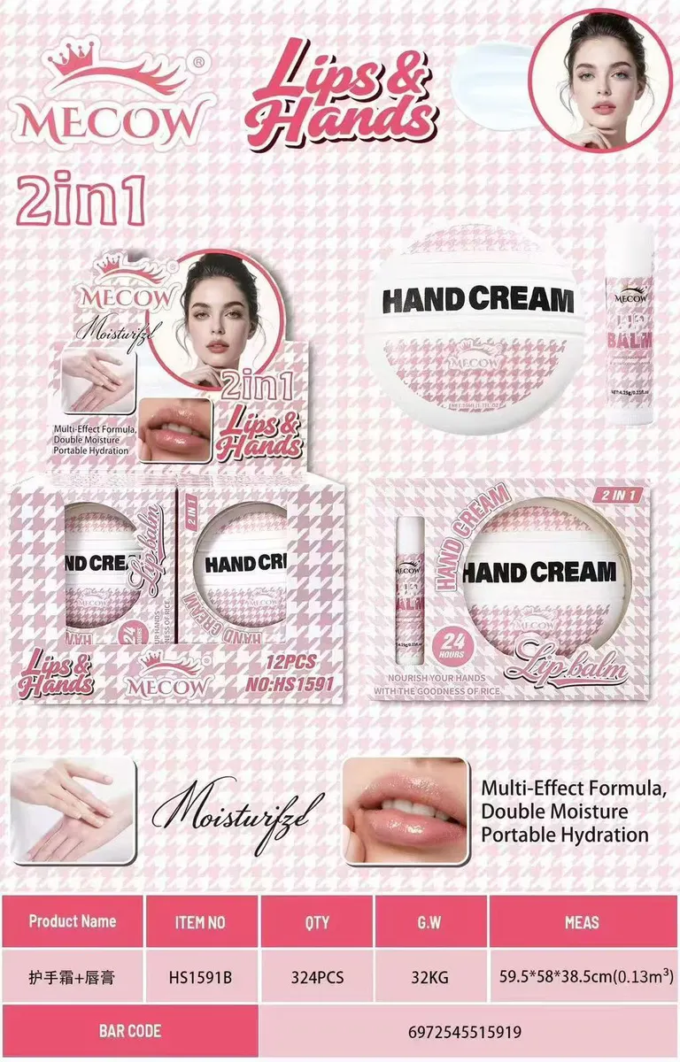 Zestaw kosmetyków Mecow Lips & Hands 2in1: krem do rąk w kulistym opakowaniu i balsam do ust w sztyfcie z różowo-białym wzore
