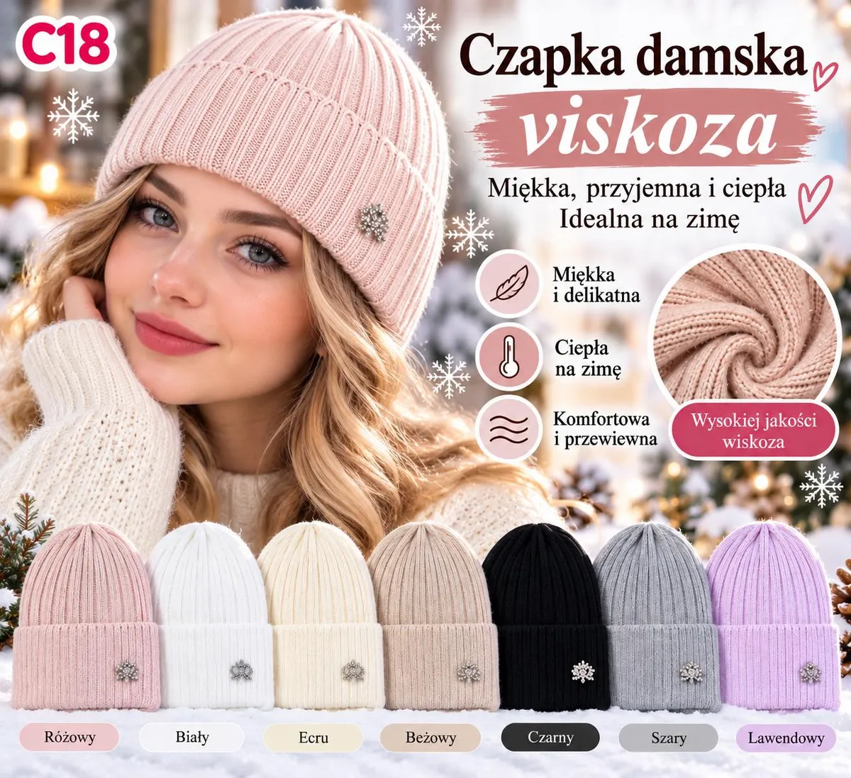 Damska prążkowana czapka z wiskozy w kolorze różowym z metalową ozdobą śnieżynki