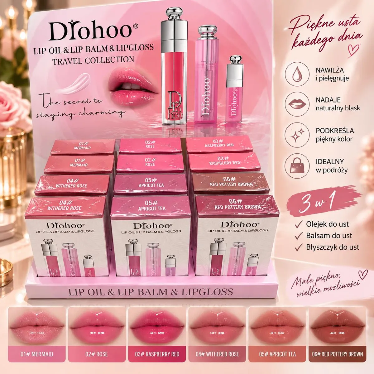 Zestaw kosmetyków do ust D’rohoo 3w1 w eleganckim opakowaniu, 6 kolorów do wyboru