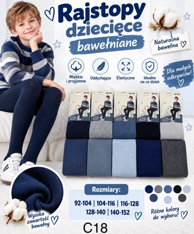 Rajstopy dziecięce bawełniane w różnych kolorach i rozmiarach, chłopiec w granatowych rajstopach