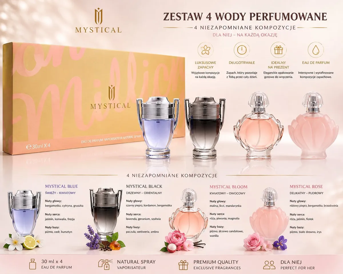 Zestaw 4 perfum damskich Mystical w eleganckim opakowaniu pastelowo-złotym z różnokolorowymi flakonami