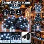 Lampki dekoracyjne LED 50 diod 5 m biały zimny na prąd 230V