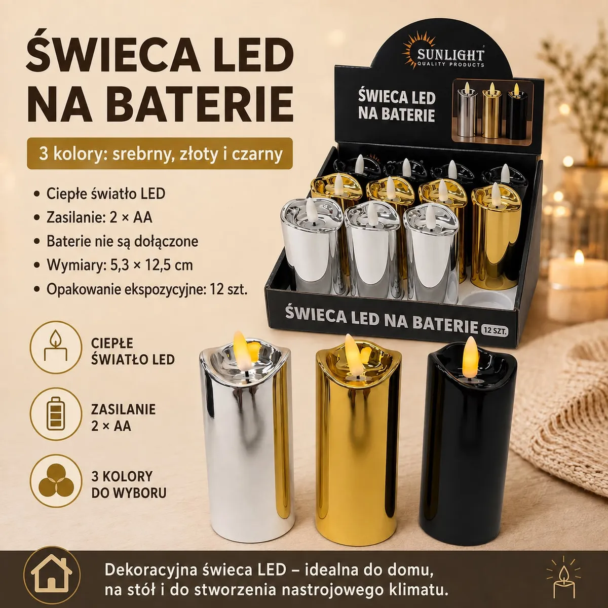 Dekoracyjne świece LED w kolorach srebrnym, złotym i czarnym na baterie, opakowanie zbiorcze 12 sztuk