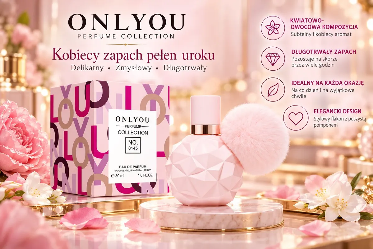 Różowy flakon perfum Onlyou 30ml z geometrycznym wzorem i puszystym różowym pomponem na tle kwiatów