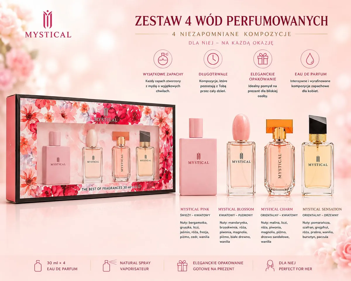 Zestaw czterech perfum Mystical w pastelowym opakowaniu z kwiatowym motywem, 4 flakony po 30 ml