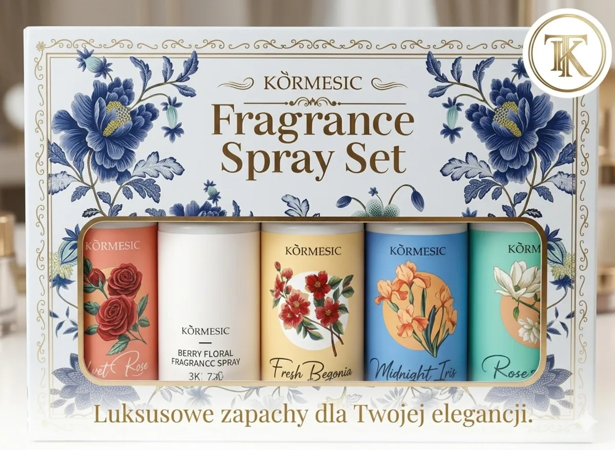 Zestaw 5 perfum w sprayu KORMESIC w kolorowych flakonikach z motywami kwiatowymi w białym pudełku z granatowymi zdobieniami