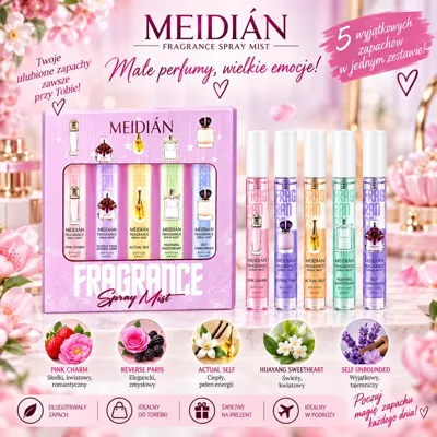 Zestaw 5 perfumetek Meidián w pastelowych buteleczkach z różnymi zapachami, opakowanie różowe z kwiatami